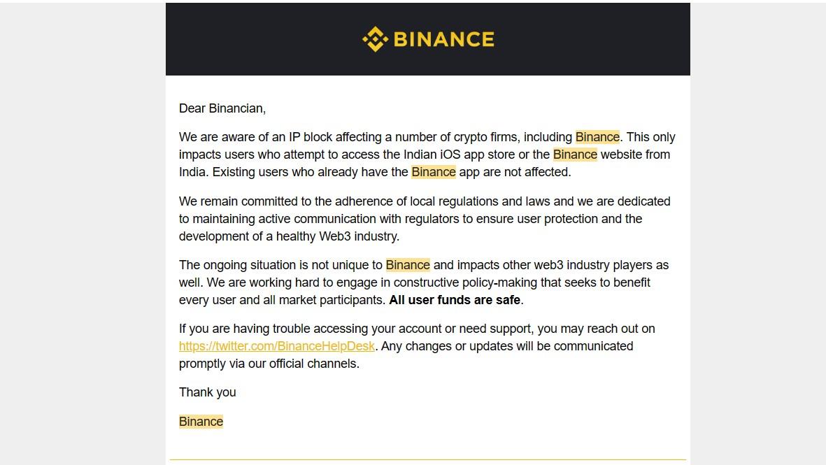 Binance Sends Email To Users, Addresses IP Block Issue in India